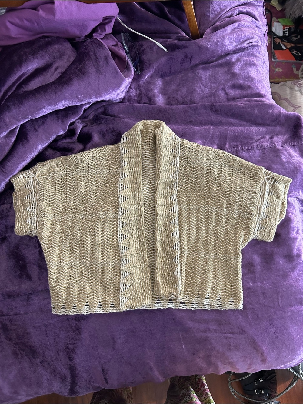 Anthropologie woven neutral color with tiny amount of gold thread cropped knit - Picture 8 of 9